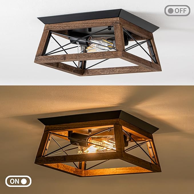 Rpzloila Farmhouse Ceiling Light, 2-Light Flush Mount Light Fixture with Metal and Wood Design, Rustic Light Fixture for Kitchen, Entryway, Hallway, Bedroom