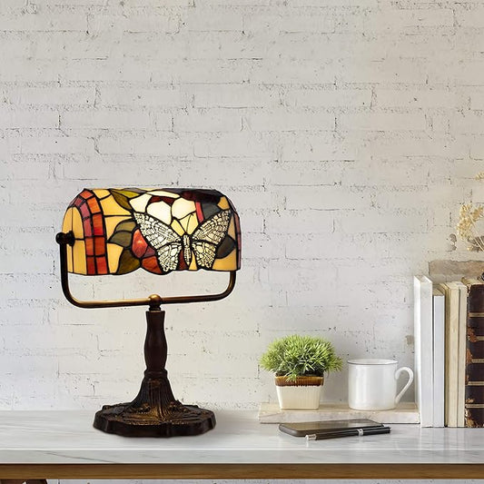 Tiffany Style Bankers Lamp-Stained Glass Butterfly Design Table or Desk Light LED Bulb Included-Vintage Look Colorful Accent Decor by Lavish Home