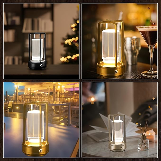 Anxingtools Portable Metal Table Lamp, Cordless Table Lamp, Rechargeable Battery Powered Portable LED Desk Lamp, 3 Color Stepless Dimming Touch, for Bedroom Restaurant Home Outdoor (2 Set of Black)
