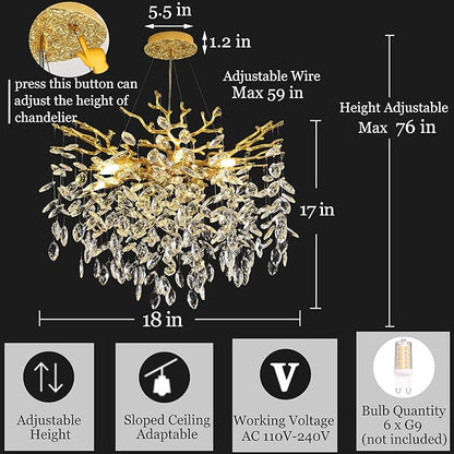 Tree Branch Chandelier Modern Crystal Pendant Light, Luxury Gold Art Deco Raindrop Lighting Fixture for Dining Room Bedroom Living Room 6 Lights D18''