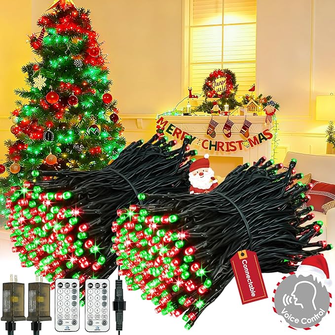 2026 New Voice Control Connectable 2PK 164FT 400LED Christmas String Lights Indoor Outdoor with Remote | Smart Twinkle Fairy String Lights 12 Modes & Timer for Xmas Tree Decor (Red & Green)