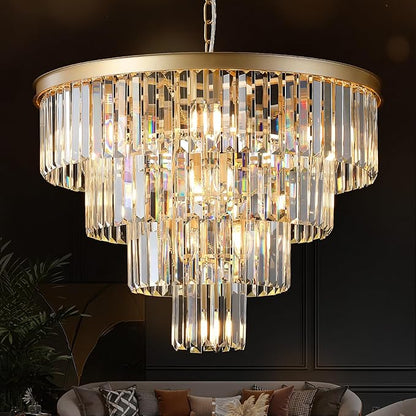 Modern Crystal Chandeliers Luxury Gold 24" Round Chandelier 12 Lights Ceiling Pendant Light Fixture 4-Tier K9 Crystal Lighting for Living Room Dining Room Staircase Foyer