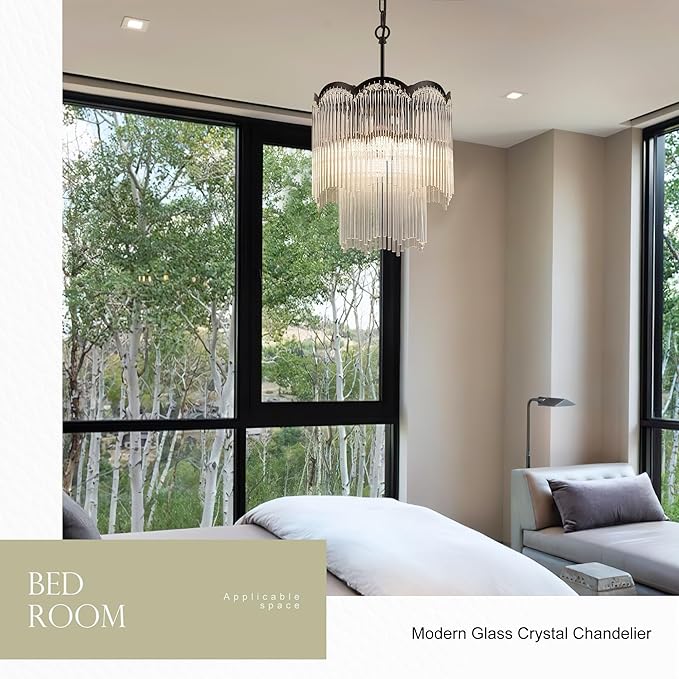 12.52" Black Clear Glass Crystal Pendant Light 5-Light Modern Crystal Pendant Ceiling Light Fixture 2-Tier Luxury Glass Chandeliers,for Dining Room Kitchen Island Living Room Bedroom