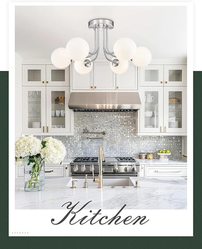 Brushed Nickel Ceiling Light in Modern Farmhouse Design Features 6 Frosted Glass Shades, Ideal for The Living Room, Bedroom, or Dining Room. Model: CKCL4845-6W-BN