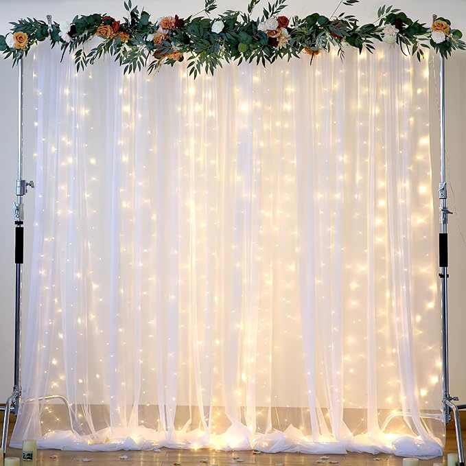 20×15ft White Tulle Backdrop Curtain with Lights String for Parites Sheer Fabric Backdrop Curtains White Backdrop Drapes for Wedding Baby Shower Birthday Party Photo Shoot Background 4 Panels 5ft×15ft