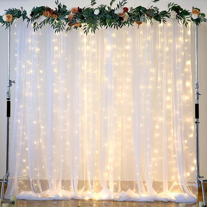 20×15ft White Tulle Backdrop Curtain with Lights String for Parites Sheer Fabric Backdrop Curtains White Backdrop Drapes for Wedding Baby Shower Birthday Party Photo Shoot Background 4 Panels 5ft×15ft