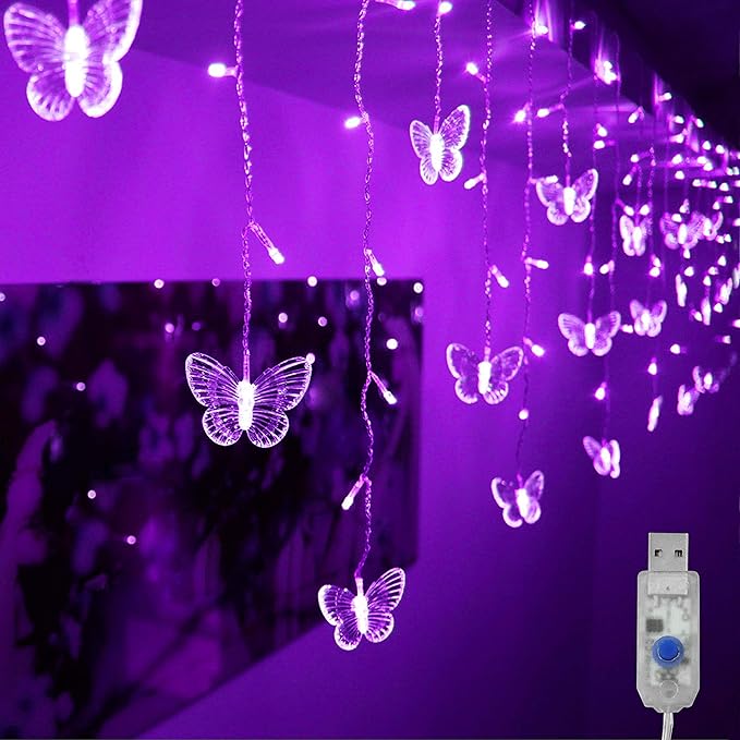Butterfly Curtain Lights, 4.9ft 48 LED USB Window Fairy Lights 10 Butterflies 8 Modes Firefly Twinkle String Lights for Room Bedroom Wall Ceiling Party Wedding Christmas (Purple)