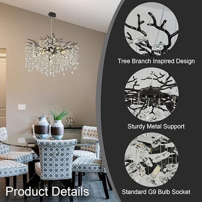 Modern Black Crystal Tree Branch Chandelier, 23" Black K9 Crystal Chandeliers for Dining Room, Round Chandelier for Living Room,High Ceiling,Kitchen Island,Foyer,Staircase