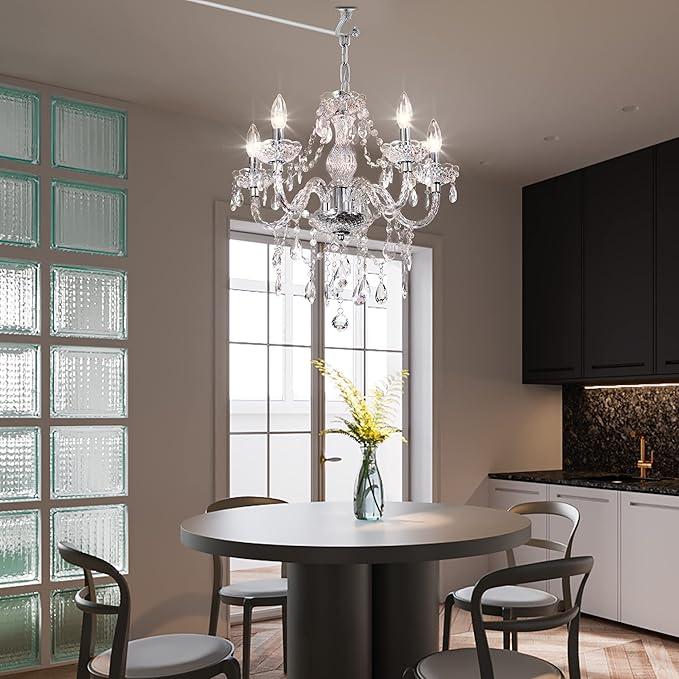 PAPAYA Plug-in 5 Light Crystal Hanging Pendant Lights Acrylic Chandelier with Clear Cord & On/Off Switch H19 D19.7 for Kitchen Island Girls' Room Dining Area Laundry Pavilion.