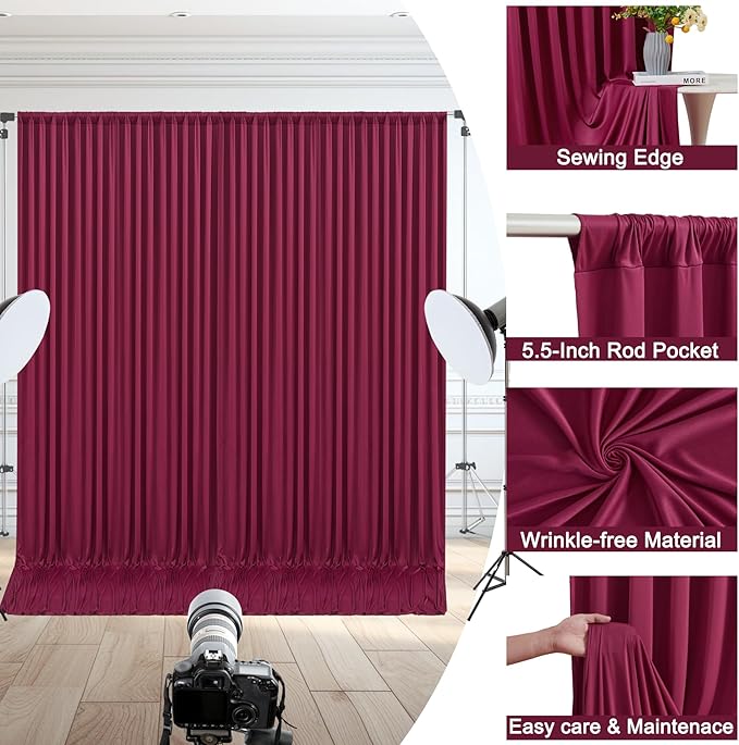 10x10ft Burgundy Backdrop Curtain for Wedding Parties Wrinkle Free Fabric Maroon Drapes Backdrop Decoration for Baby Shower Birthday Photography Decoration 2 Panels, 5ft x 10ft