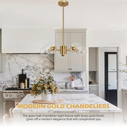 Bagood 5-Light Globe Sputnik Chandelier Gold Mid Century Sputnik Chandeliers Dimmable Globe Pendant Light Brushed Brass Finished with Clear Glass Lampshade Chandeliers for Dining Room Bedroom