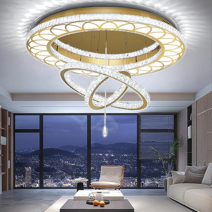 Flashing God 40" Modern Crystal Chandelier,Gold Round Crystal Ceiling Light Fixture,LED Dimmable Ring Pendant Light Flush Mount Chandeliers for Living Room,Dining Room,Bedroom