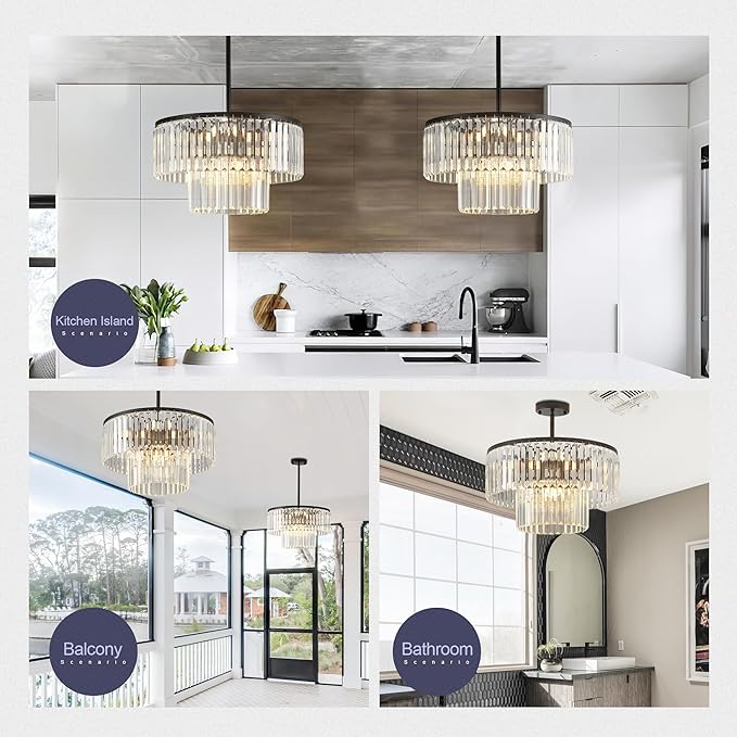 17.7" Black Semi Flush Mount 2-Tier Crystal Ceiling Light Fixtures for Dining Room Modern Luxury 8-Light Chandeliers Lighting for Bedroom Entryway Hallway Kitchen Island Living Room Foyer