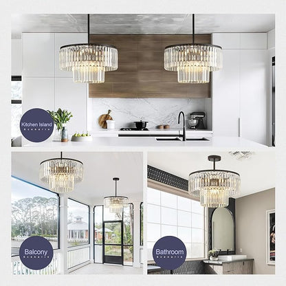 17.7" Black Semi Flush Mount 2-Tier Crystal Ceiling Light Fixtures for Dining Room Modern Luxury 8-Light Chandeliers Lighting for Bedroom Entryway Hallway Kitchen Island Living Room Foyer