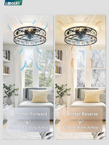 LEDIARY 23 Inch Caged Ceiling Fans with Lights, Black Flush Mount Ceiling Fan with Remote, Large Low Profile Bladeless Ceiling Fan Light Fixture for Bedroom, Kitchen, Dining Room