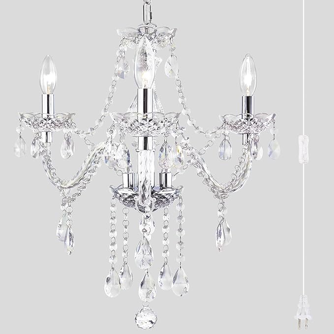 Plug-in 3 Light Crystal Hanging Pendant Lights Acrylic Chandelier with Clear Cord & On/Off Switch H19 D19 for Kitchen Island Girls' Room Dining Area Laundry Pavilion.