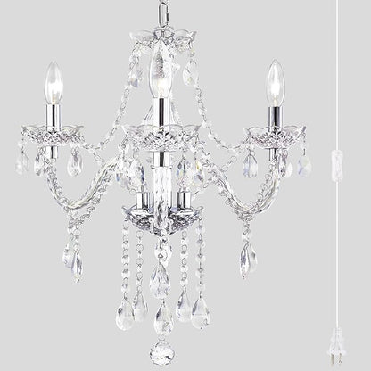 Plug-in 3 Light Crystal Hanging Pendant Lights Acrylic Chandelier with Clear Cord & On/Off Switch H19 D19 for Kitchen Island Girls' Room Dining Area Laundry Pavilion.