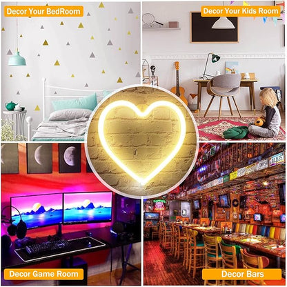 LED Light Neon Sign Room Decor - Yellow Night Light for Valentines Day - Hanging USB/Battery Operated Heart Lights for Window (Warm White)