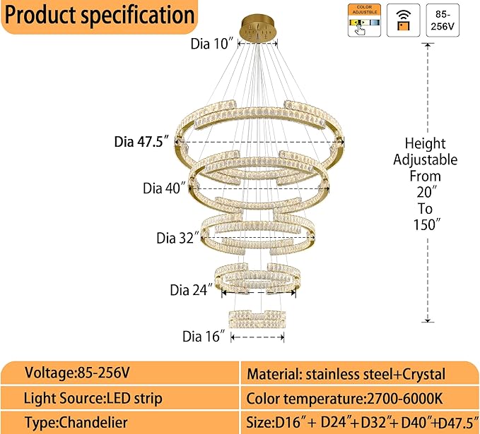 Gold Large 5 Ring Crystal Chandelier for High Ceiling Modern Long Stair Chandeliers LED Dimmable, for Villa,2-Story Foyer D47.5''+D40''+D32''+D24''+D16''
