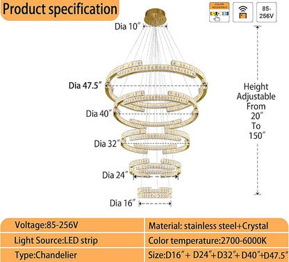 Gold Large 5 Ring Crystal Chandelier for High Ceiling Modern Long Stair Chandeliers LED Dimmable, for Villa,2-Story Foyer D47.5''+D40''+D32''+D24''+D16''
