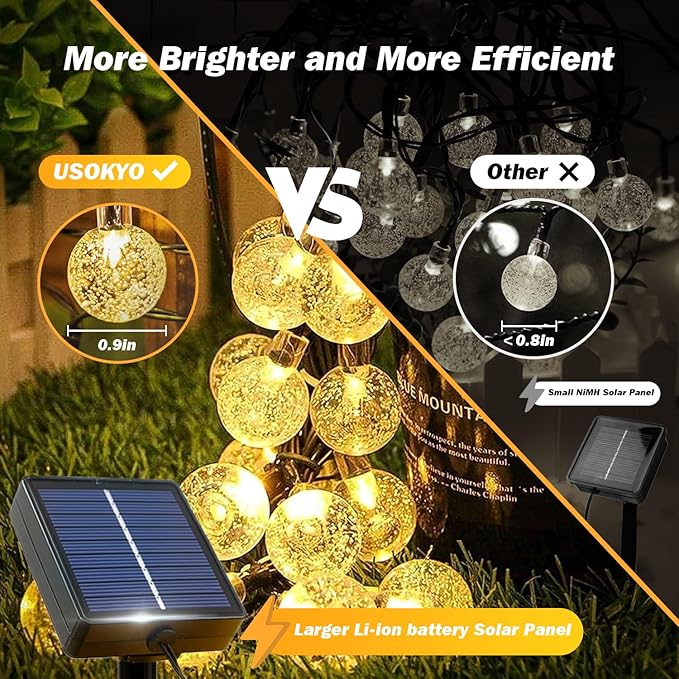 USOKYO Solar Lights Outdoor Waterproof, Total 200 LED 110FT Solar String Lights for Outside with 8 Modes, Crystal Globe Outdoor String Lights for Garden Yard Party Decor (2 Pack)
