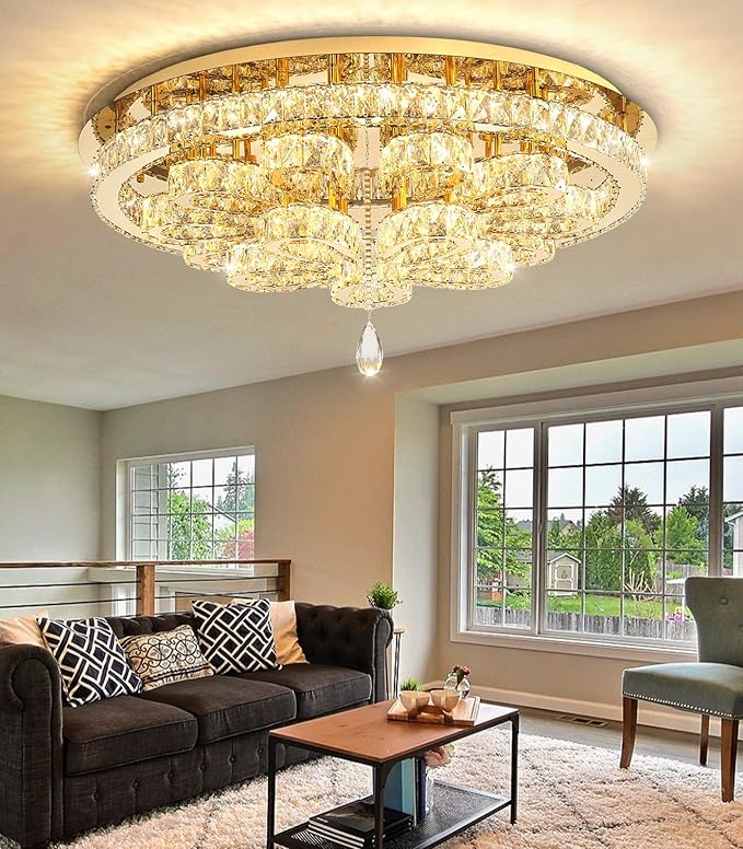 Modern Chandeliers for Living Room Crystal Chandelier Ceiling Light Fixture LED Dimmable with Remote Pendant Lighting Flush Mount Lighting for Dining Room Bedroom Gold