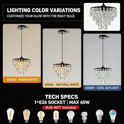 Mini Crystal Chandelier Small Modern Crystal Flush Mount Ceiling Light for Hallway Closet, E26 Base, K9 Crystal (Black-Pendant)