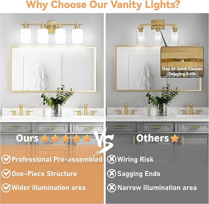4-Light Bathroom Vanity Light, Brushed Gold Vanity Lights for Bathroom, Modern Brushed Gold Wall Sconce with White Glass Shades, Anti-Rust Light Fixtures over Mirror (Bulbs Not Included, E26 Base)
