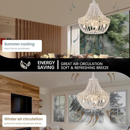 Vintage Empire Crystal Chandelier Fan with 64 Bead Strands, 7 Blades Invisible Fan, Remote/APP Controlled Ceiling Fan for Living Room, Bedroom, Dining Hall (White Gold, 20'' Rustic Style)