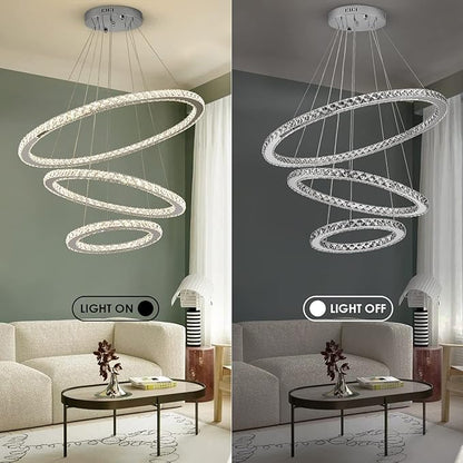Siljoy LED Chandelier, Modern Ceiling Light Fixture with 3 Crystal Chandelier Lighting Rings, DIY & 3-Color Changing 3 Rings Adjustable Chandeliers for Living Room Dining Room Kitchen, D 12"-20"-28"