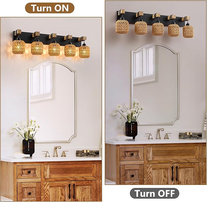 LmnLvn 36" Boho Bathroom Light Fixture, 5-Light Farmhouse Vanity Light, Rattan Bathroom Light Fixture Over Mirror Rustic Vanity Lighting with Handwoven Shades, Suit for Restroom, Bedroom, Hallway
