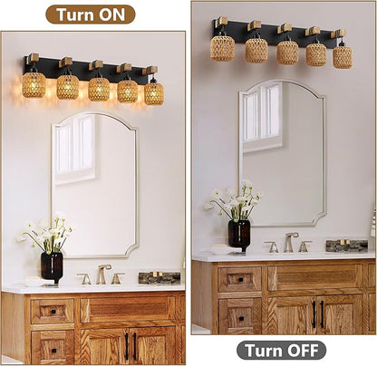 LmnLvn 36" Boho Bathroom Light Fixture, 5-Light Farmhouse Vanity Light, Rattan Bathroom Light Fixture Over Mirror Rustic Vanity Lighting with Handwoven Shades, Suit for Restroom, Bedroom, Hallway