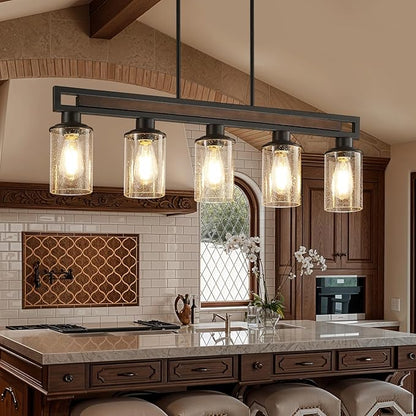 Farmhouse Dining Room Light Fixture, 5-Light Wood Kitchen Island Lighting for Dining Room Over Table, Black Adjustable Pendant Light with Seeded Glass Shades, Linear Chandeliers Lighting for Kitchen