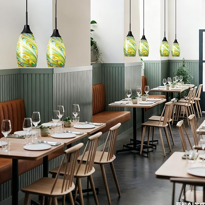 Viinew Mini Glass Pendant Light 4.72" Oval Pendant Lights 3-Pack Handblown Colorful Art Glass Hanging Pendant Light for Kitchen Island Dining Room Living Foyer Hallway Entry Matte Black Metal