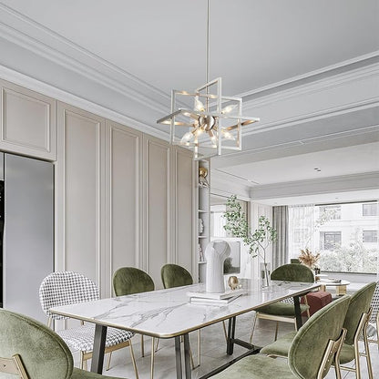 XINGQI 15“ Modern Chandelier 8-Light Brushed Nickel Geometric Pendant Lighting Farmhouse Ceiling Light Fixtures for Dining Room Living Room Kitchen Island Bedroom Hallway
