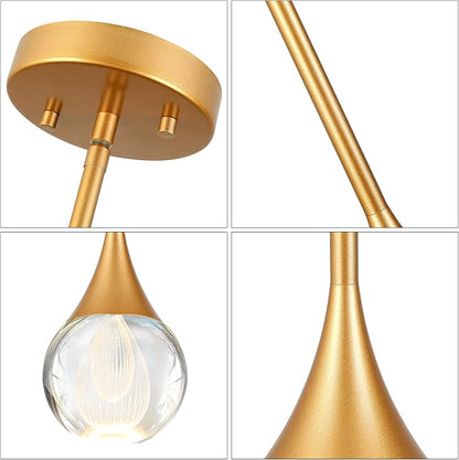 3-Pendant Lights Kitchen Island, Brass Gold Globe Crystal Ceiling Hanging Light Fxitures, LED Light Fixtures Metal Rod Ceiling Glass Pendant Lighting for Kitchen Island Dining Room Bar