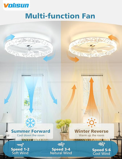 VOLISUN Low Profile Ceiling Fan with Lights and Remote, 24in Modern Ceiling Fans Flush Mount, 3000K-6500K Dimmable Bladeless LED Fan Light, White Fandelier Ceiling Fans with Lights for Bedroom