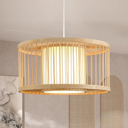 Boho Rattan Pendant Lights, 15.8" Coastal Drum Wicker Hanging Light Japanese Country Light for Dining Room Kitchen Living Room Bedroom, 1-Light E26 Base