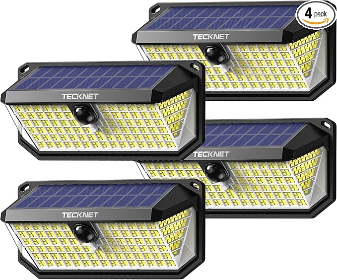 TECKNET 4200LM 416 LED Solar Lights Outdoor IP66 Waterproof,Solar Motion Lights Outdoor with 300° Angle & 3 Lighting Modes,Solar Outdoor Lights for Patio Yard Deck Front Garden Garage- 4 Pack