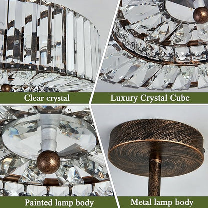 Piepooye 4 Lights Modern Crystal Chandelier Oil Rubbed Bronze Round Semi Flush Mount Ceiling Light Fixture Farmhouse Chandelier for Dinning Room Living Room Bedroom Hallway Entryway Kitchen