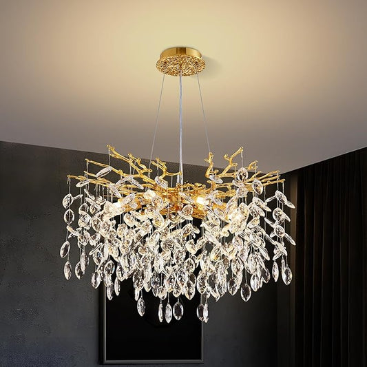 Modern Tree Branch Crystal Chandelier 23.6" Gold Luxury Large Pendant Lighting 8-Light Contemporary K9 Crystal Chandeliers for Dining Room Kitchen Living Room Foyer Entryway (Gold, D23.6"-Round)