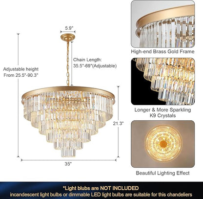 Modern Gold Crystal Chandeliers 35'' Large Chandeliers for High Ceiling Foyer K9 Crystal 6-Tier Luxury Chandelier 22-Light Round Ceiling Chandelier Light Fixtures for Staircase Entry Living Room