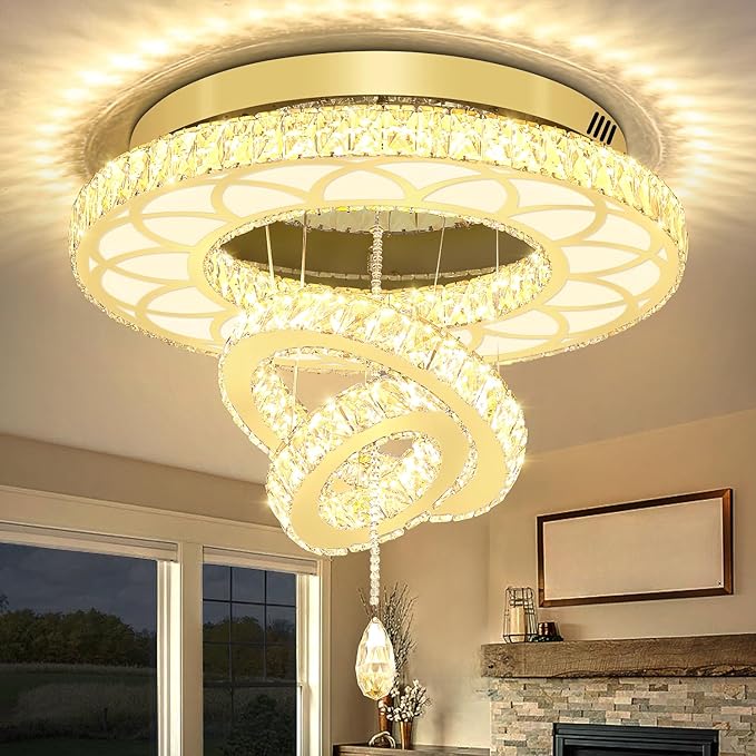 Flashing God Dia 24" Modern Crystal Chandelier for Living Room Gold Ceiling Chandelier Flush Mount Crystal Ceiling Light for Dining Room Bedroom Hallway