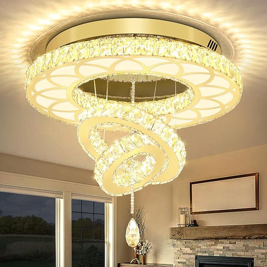 Flashing God Dia 24" Modern Crystal Chandelier for Living Room Gold Ceiling Chandelier Flush Mount Crystal Ceiling Light for Dining Room Bedroom Hallway