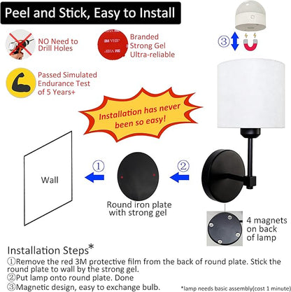 No Drill Peel and Stick Cordless Rechargeable Wall Sconces Battery Operated, Set of 2 Easy Install No Wiring Adhesive Wall Lights Home Decor Sconces for Living Room, Bedroom, Pictures (Black, 2-Pack)