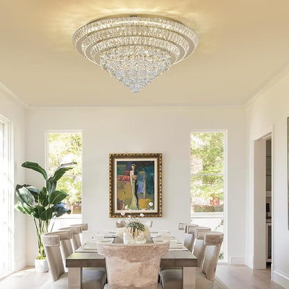 COCOSTAR 30" Gold Crystal Chandeliers, Flush Mount Chandelier LED Ceiling Light, Modern Crystal Raindrop Chandeliers for Dining Room, Living Room, Bedroom