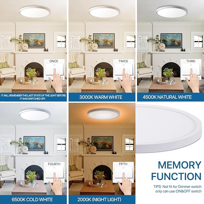 Dimmable LED Flush Mount Ceiling Light Fixture with Remote Control, 24W 2640LM, 12Inch, 2000K Warm Night Light & 3000K-6500K, Modern Super Slim Ceiling Lamp for Bedroom Kitchen, White, 1 Pack