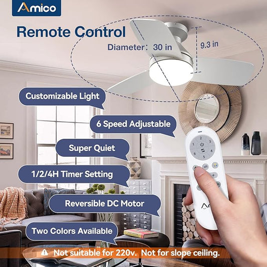 Amico Ceiling Fans with Lights, 30 Inch Low Profile Ceiling Fan with Light and Remote Control, Flush Mount, Reversible, 3CCT, Dimmable, Noiseless, Silver Ceiling Fan for Bedroom, Indoor/Outdoor Use