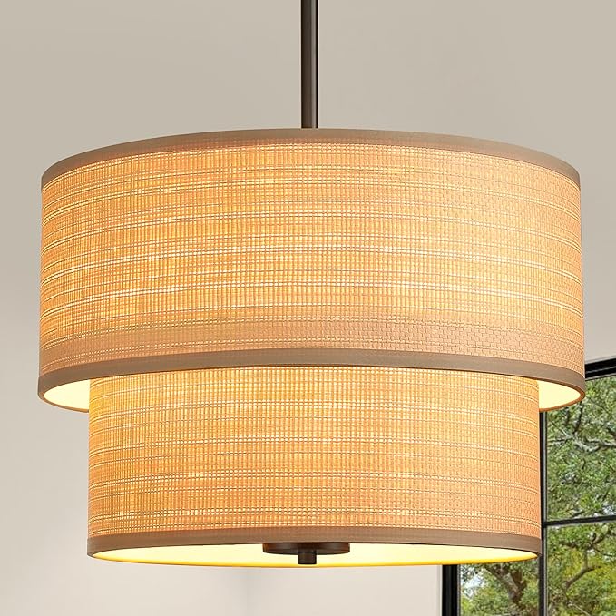 RUIYEY Rattan Chandelier Light Fixtures: 17 inch Large Boho Pendant Lights with Wicker Lampshade, E12 5 Lights Height Adjustable Hand Woven Drum Chandeliers for Dining Room Kitchen Living Room
