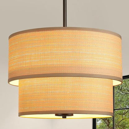 RUIYEY Rattan Chandelier Light Fixtures: 17 inch Large Boho Pendant Lights with Wicker Lampshade, E12 5 Lights Height Adjustable Hand Woven Drum Chandeliers for Dining Room Kitchen Living Room